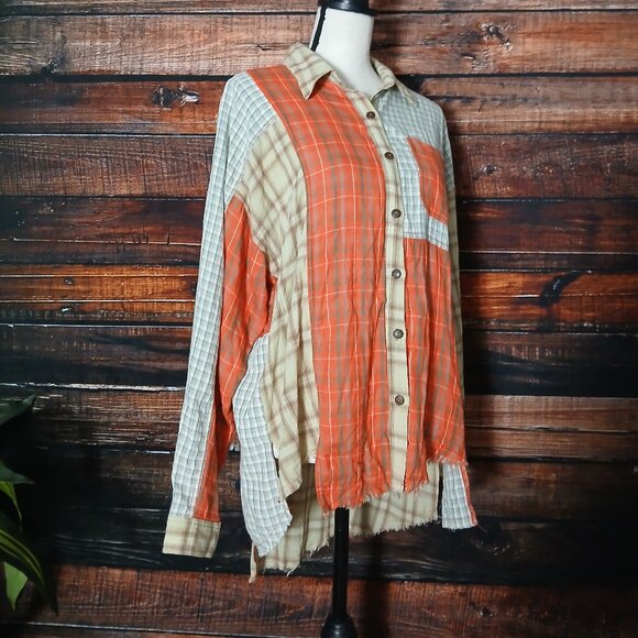 Easel Top S Patchwork Distressed Button Front Asymmetrical Fringe Plaid Shirt - Picture 3 of 9